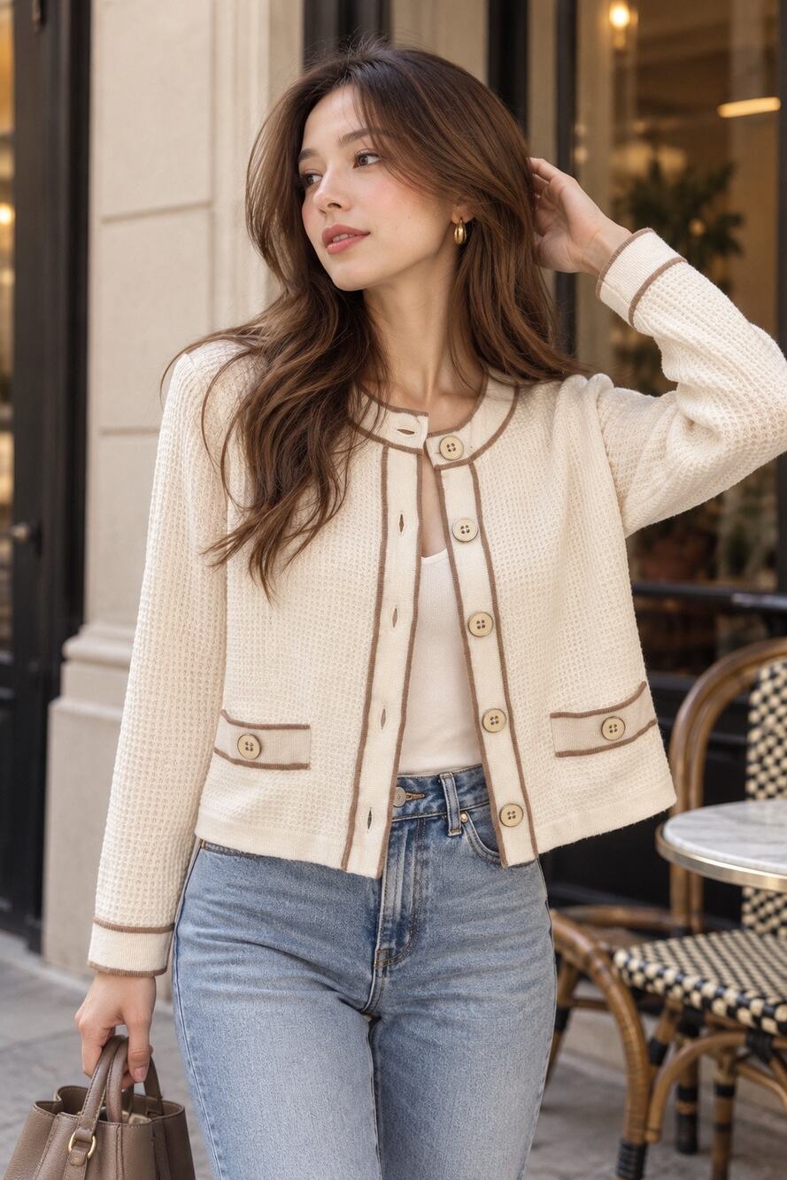 Cyrus XS Ivory Waffle Knit Cardigan Contrast Trim Cropped Lady Jacket Old Money